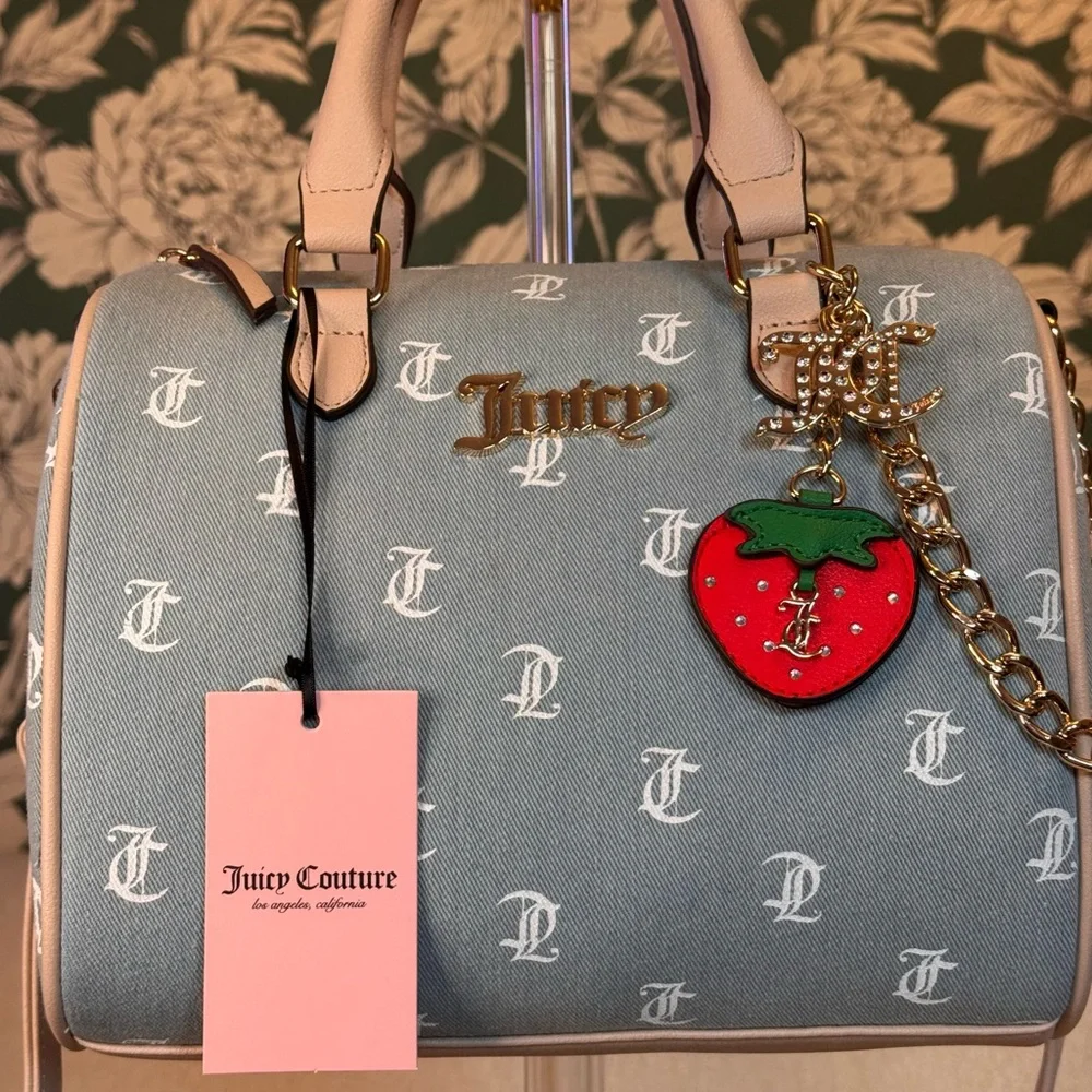 Juicy Couture Gray and Cream Satchel with Strawberry Charm and Gold Chain NWT